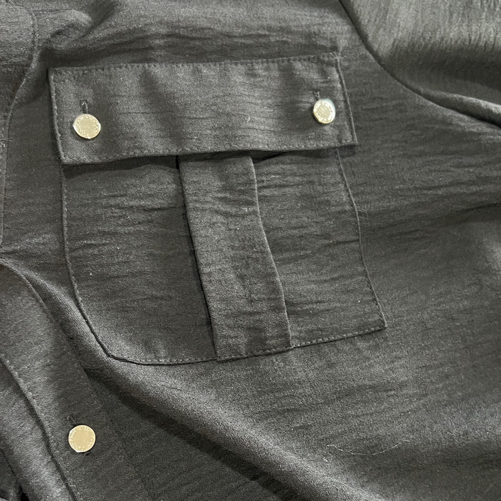 Calvin Klein Black Button Down Shirt with gold button accents. - Picture 5 of 6